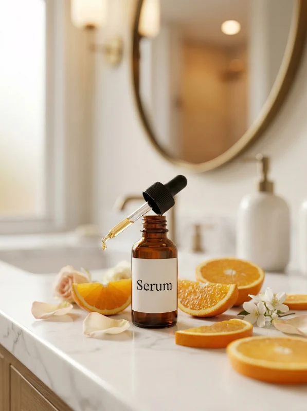Serum do twarzy w szklanym flakoniku z pipetą na blacie łazienkowym – jak dobrać serum do twarzy